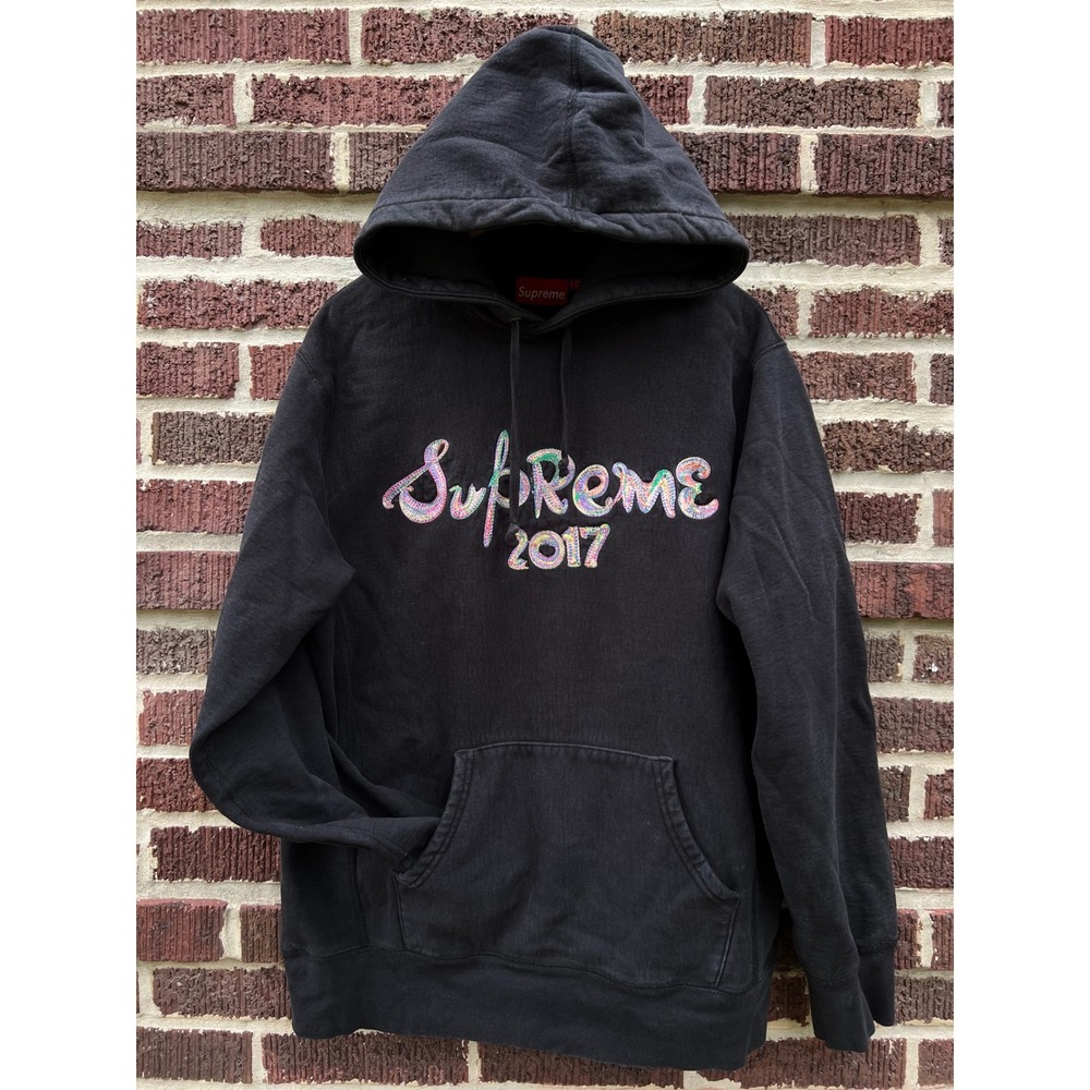 Supreme Brush Logo FW17 Embroidered Black Hooded Sweatshirt Size Large Authentic